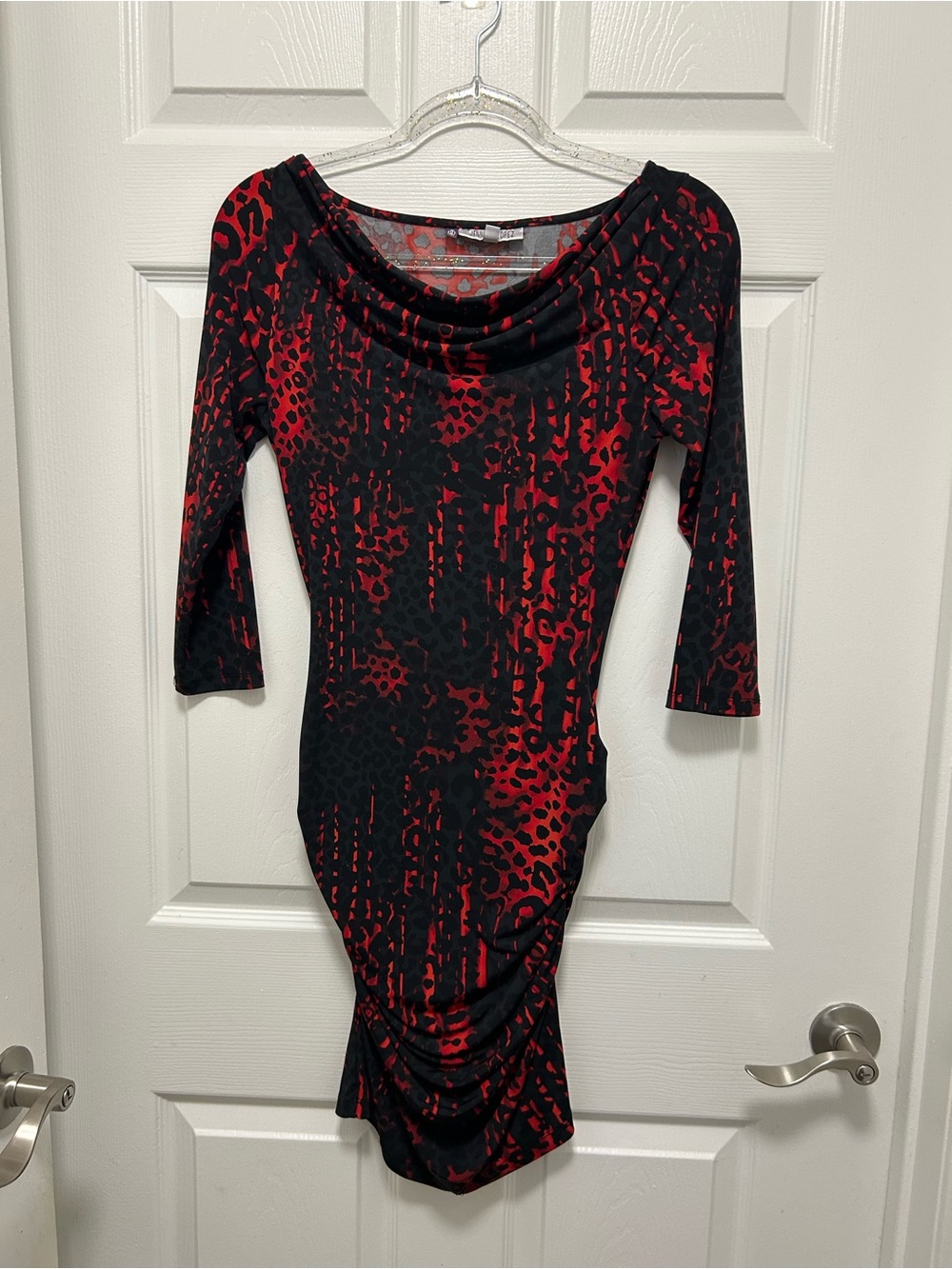 Jennifer Lopez Red and Black Printed Cowl-Neck Long Sleeve Dress